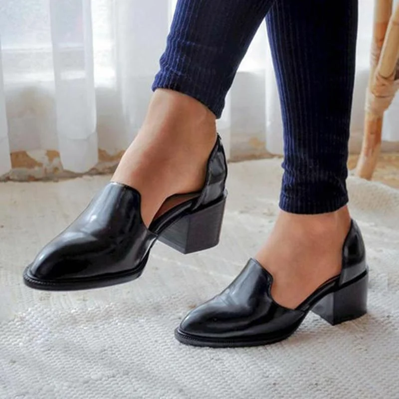 England Style Women Pointed Toe Chunky Hollow Ankle Boots