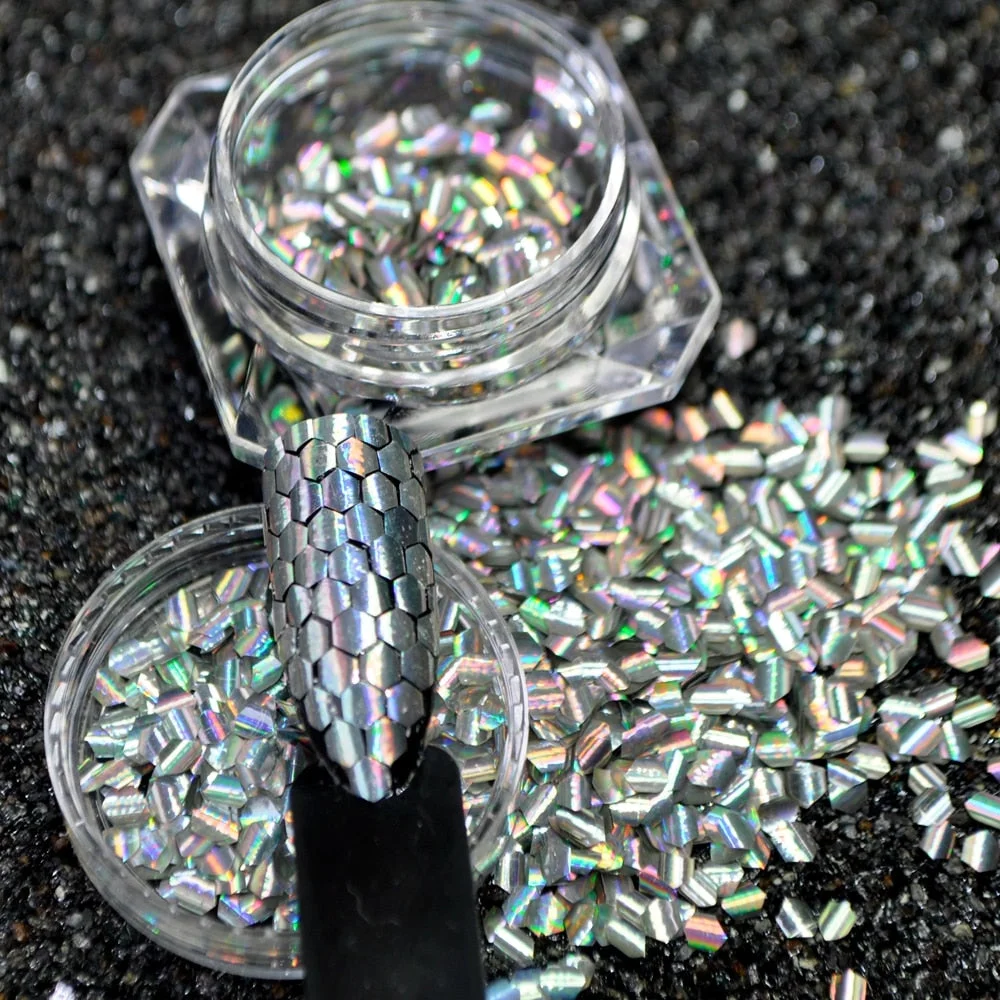 1 box Fish Scale Nail Sequins Holo Silver Mermaid Hexagon Glitter Sheets Bent Curve Bottom Manicure Nail Art Tips Decorations