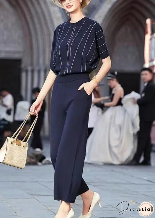 Loose Navy O Neck Print Pockets Knit Two Pieces Set Summer