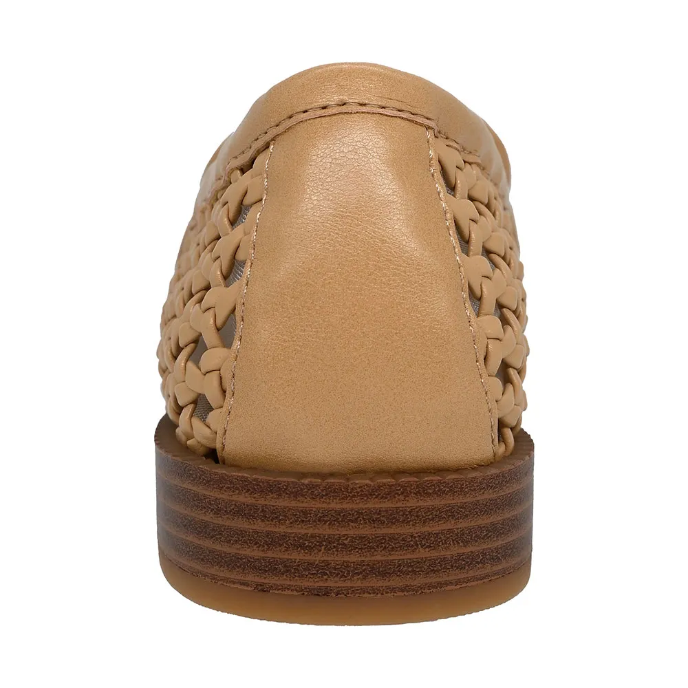 Brown Faux Leather Round Toe Braid Slip On Mesh Women's Loafers