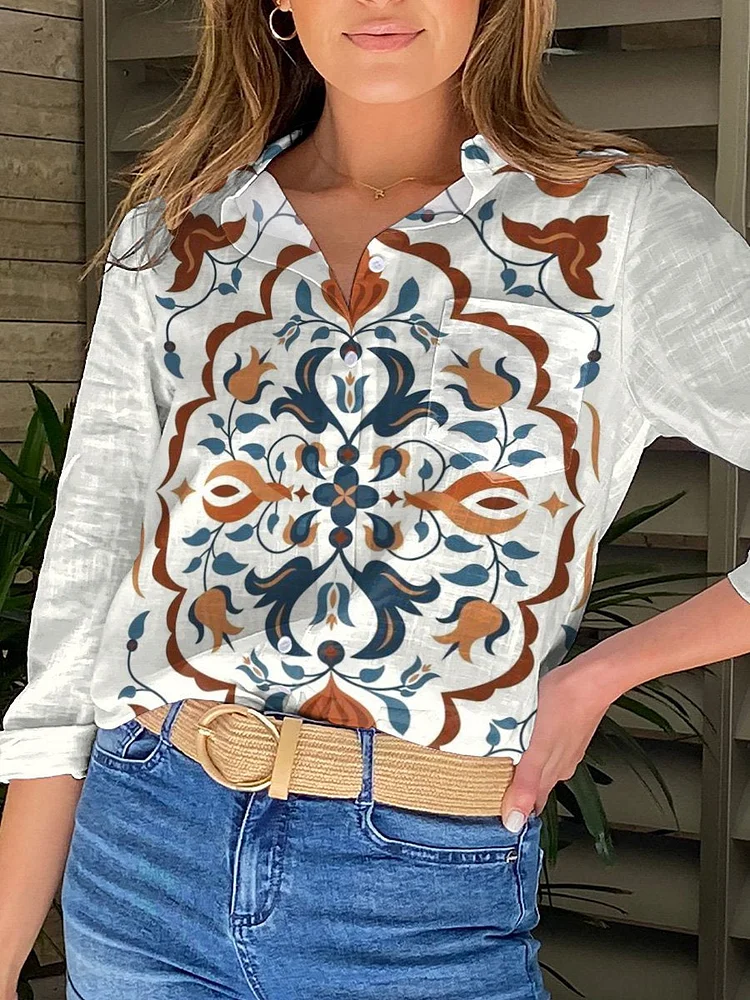 Retro Spring Floral Symmetrical Pattern Printed Women's Casual Shirt