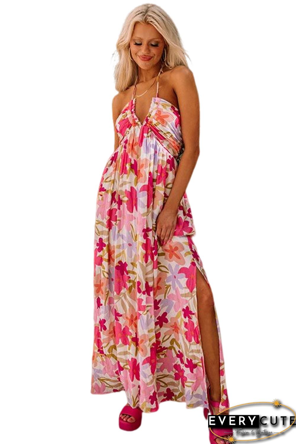 Red Halter Neck Backless Floral Print Maxi Dress with Ties
