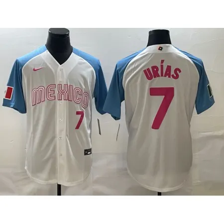 Men's Mexico Baseball #7 Julio Urias 2023 White Blue World Baseball Classic Stitched Jersey QVHU