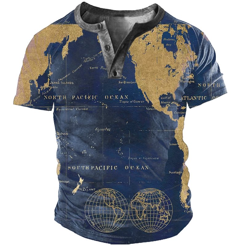 Men's Map Print Henley Short Sleeve T-Shirt-Compassnice®
