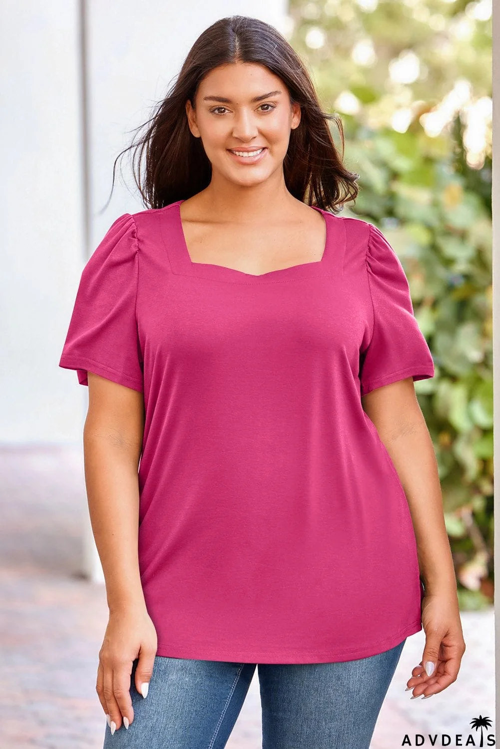 Plus Size Square Neck Puff Sleeve Tee
