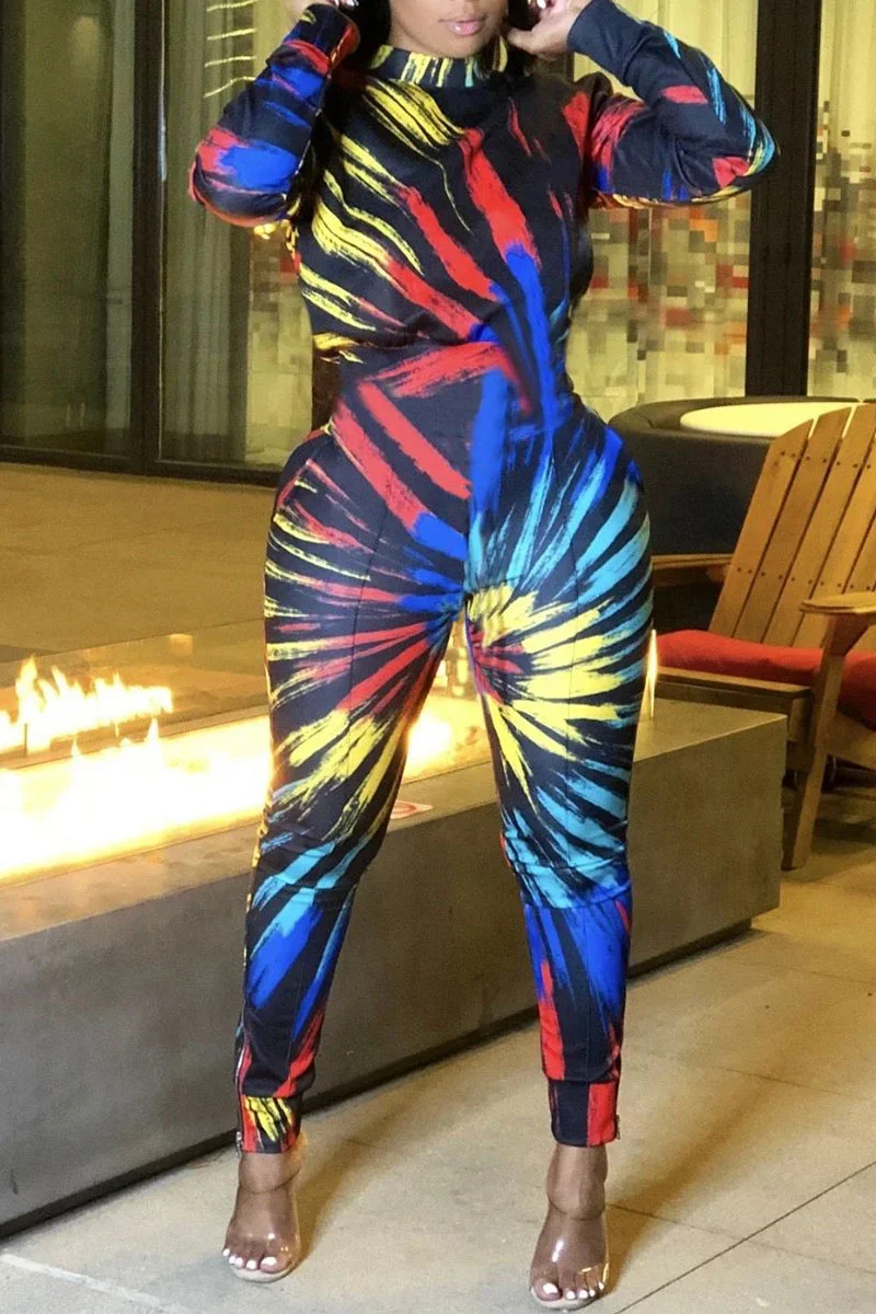 Multicolor Fashion Sexy Print Patchwork O Neck Skinny Jumpsuits | EGEMISS