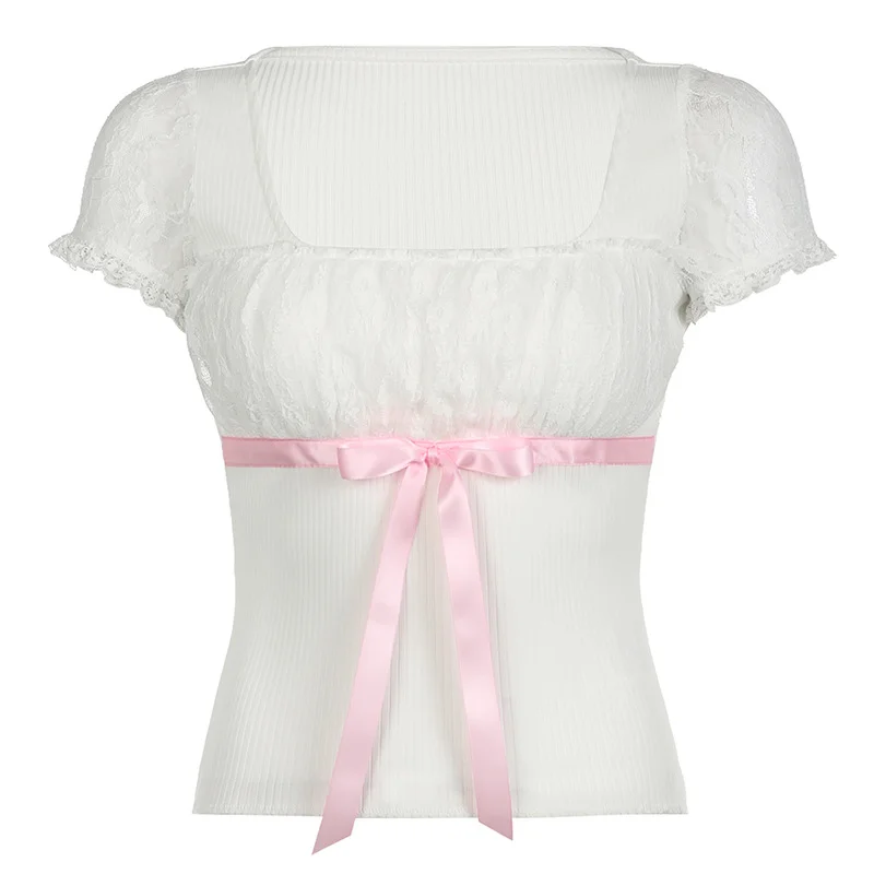 Ueong And Spicy Square Collar Lace Stitching Pink Bow Tie With Bubble Sleeves Slim T-Shirt 2024