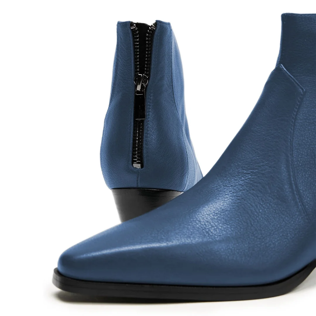 Ladies Vegan Leather Back-Zip Block Heel Ankle Boots in Navy Blue