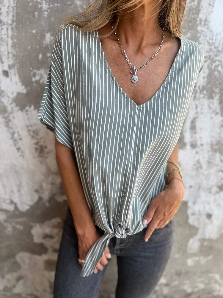 Cotton and Linen V-neck Striped Top