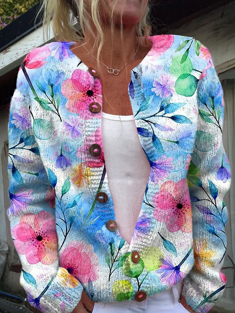 Fresh Watercolor Flowers Print Buttoned Cardigan Sweater