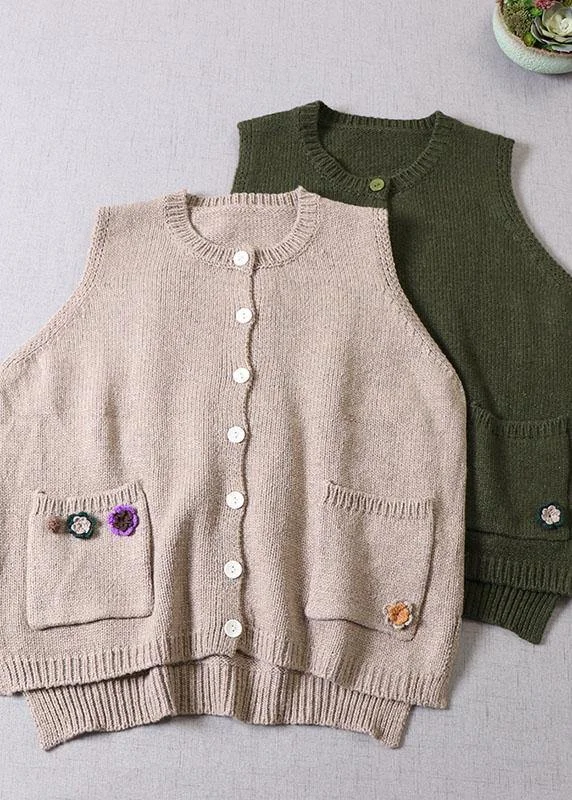 Modern Beige Pockets Button Fall Floral Knit Vest