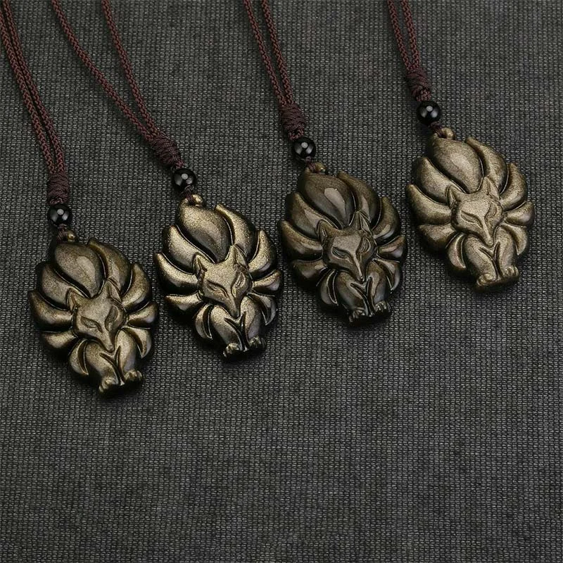 Natural Fluorite Gold Sheen Obsidian Fox Pendant Protection Necklace