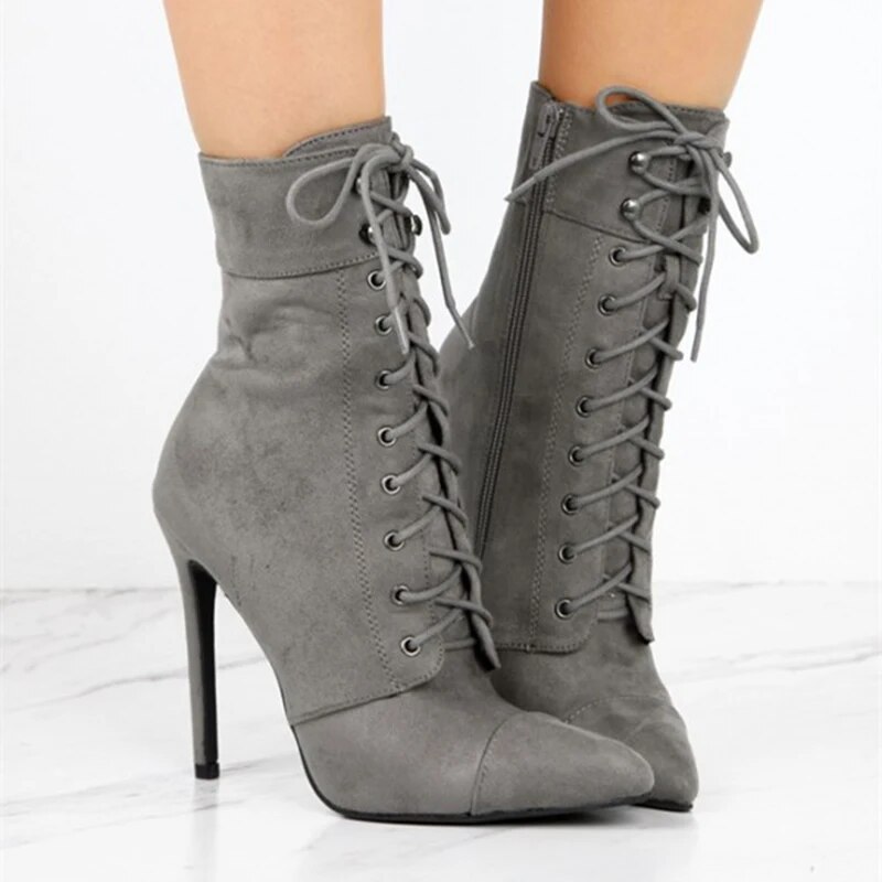 TAAFO Women's Grey Boots Suede High Thin Heels Retro Ankle Boots Pointed Toe Ladies Office  Shoes