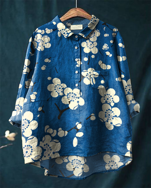 Japanese Cherry Blossom Art Casual Cotton and Linen Long-sleeved Shirt