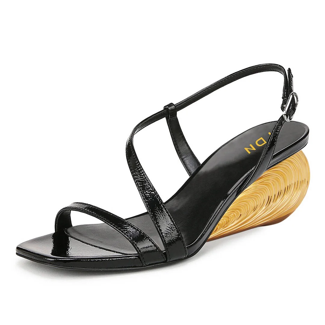 Chic Vegan Leather Open Square Toe Slingback Black Heels Sandals