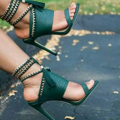 VCSHOES Gold Chain Decorate Tassels Platform Stiletto Heels High Sandals