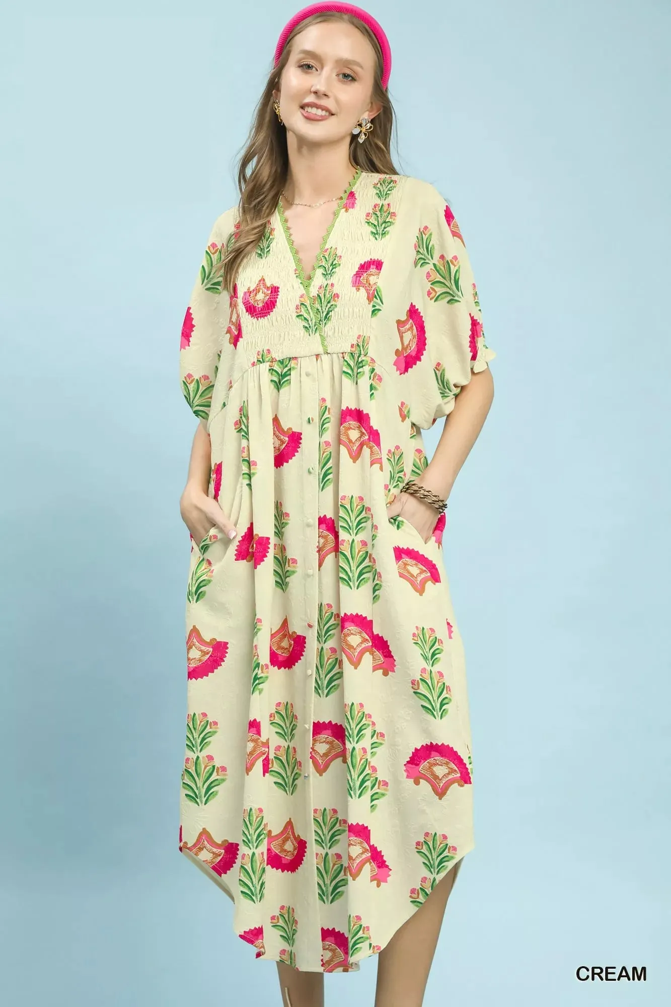 Umgee Abstract Print V-Neck Midi Dress mysite idetrend