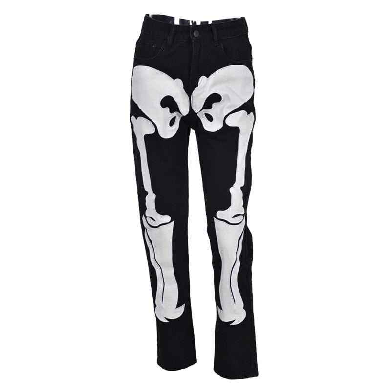 Women Jeans Black Skeleton Printed Pattern Streetwear Y2K Style Long Trousers Ladies Mid Waist Slimming Pants Autumn Spring