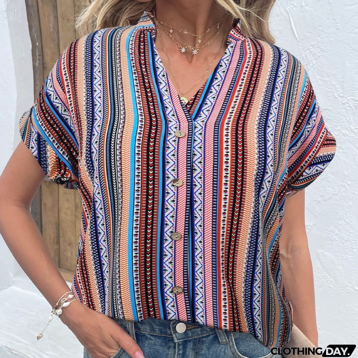 Multicolored Stripe Notched Neck Top