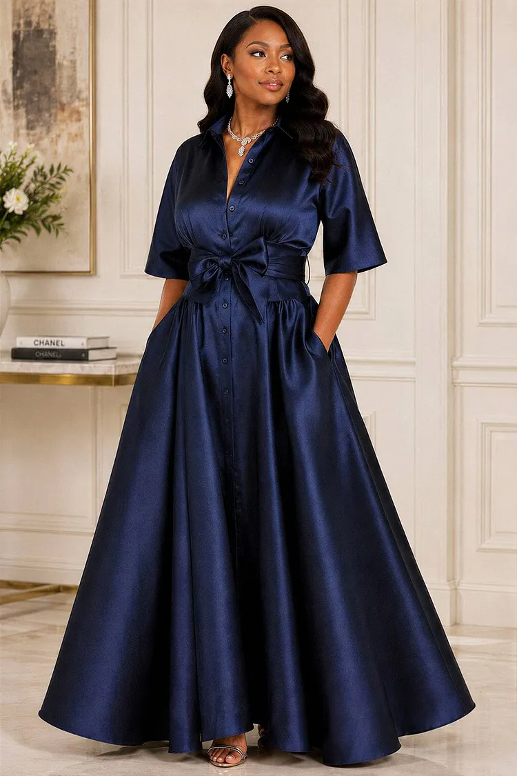 Xpluswear Design Plus Size Churchs Royal Blue Shirt Collar Short Sleeve Wrap Pocket Satin Maxi Dresses [Pre-Order] 2024 - Xpluswear