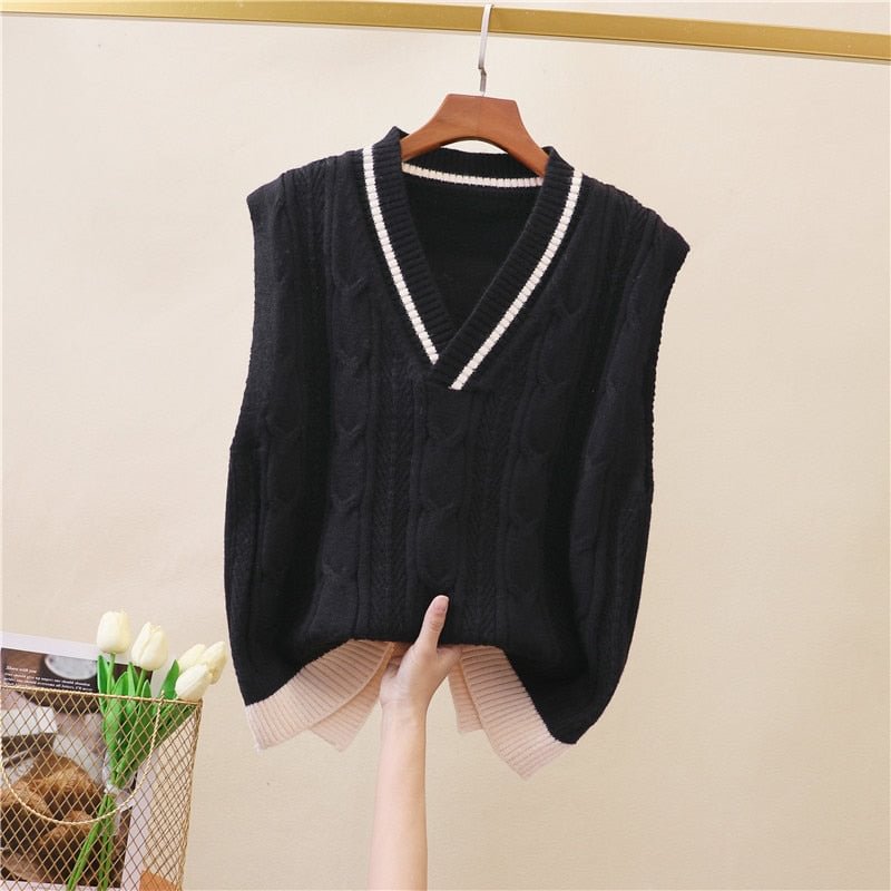 Knitted vest women's spring and autumn fashion new color matching loose sleeveless v-neck pullover striped all-match casual top