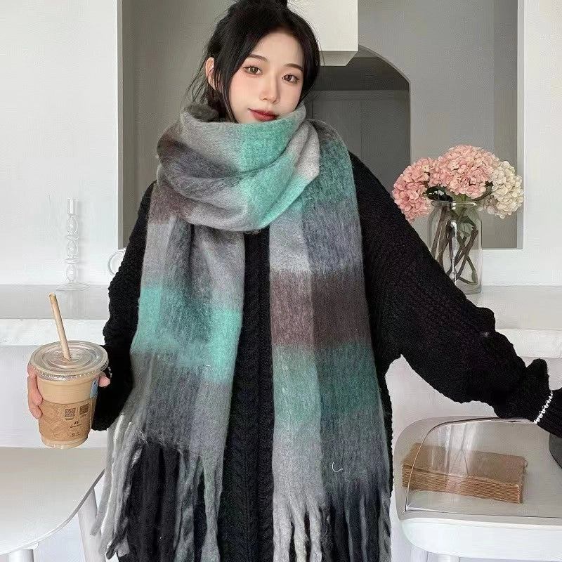 Rainbow Plaid Tassel Scarf For Women Autumn And Winter Famous Color Matching Cashmere Mohair Shawl Thickened Scarf