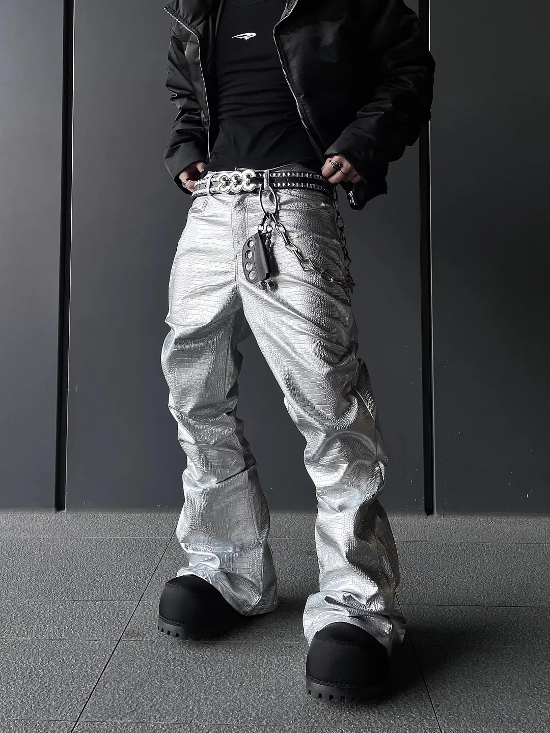 Aonga Spring Autumn Cool Handsome Long Black Crocodile Print Pu Leather Pants for Men Luxury Designer Floor Length Clothes aonga