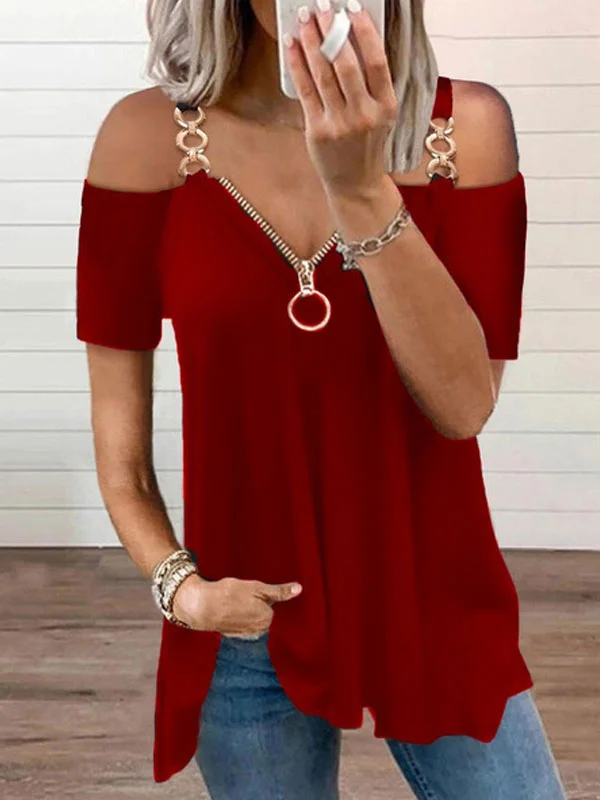 Solid Color Chain Sling Comfortable Breathable Ladies Short Sleeves