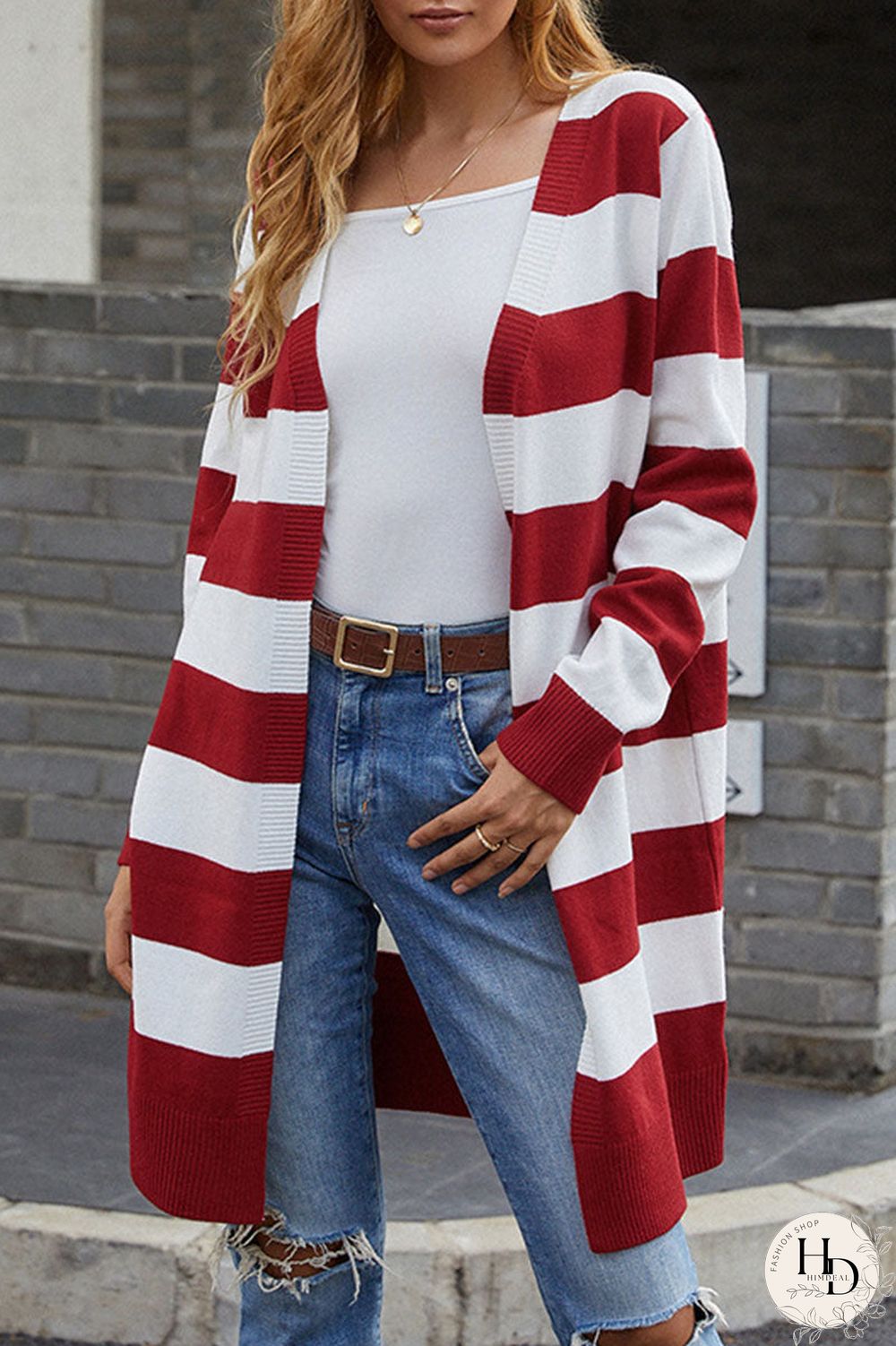 Fashion Casual Striped Split Joint V Neck Tops