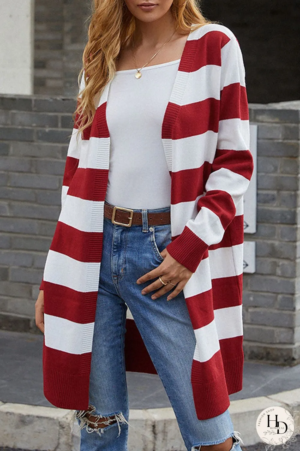 Fashion Casual Striped Split Joint V Neck Tops