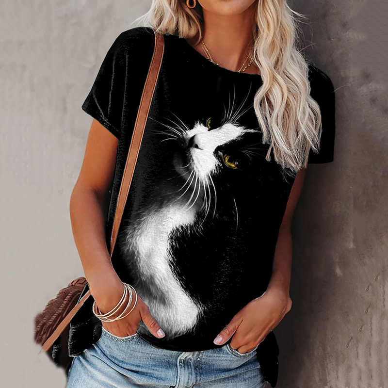 wearshes Cat Print Round Neck Short Sleeve Casual T-Shirt