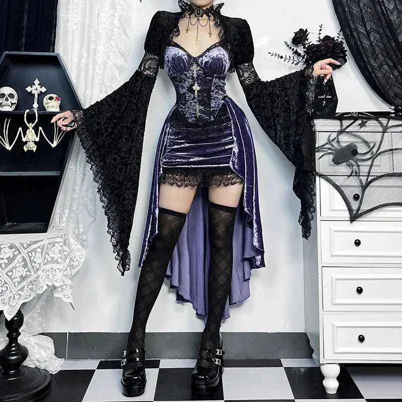 Huiketi Victoria Gothic Velvet A-line Dresses Female Elegant Evening Lolita Partywear Grunge Sling Lace Hem Alt Cloth