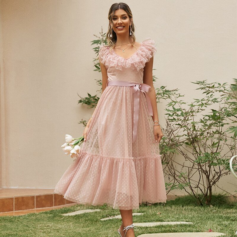 Simplee V-neck mesh polka dot summer tulle party dress women Backless pink ruffle sleeveless dresses Elegant sash maxi vestido