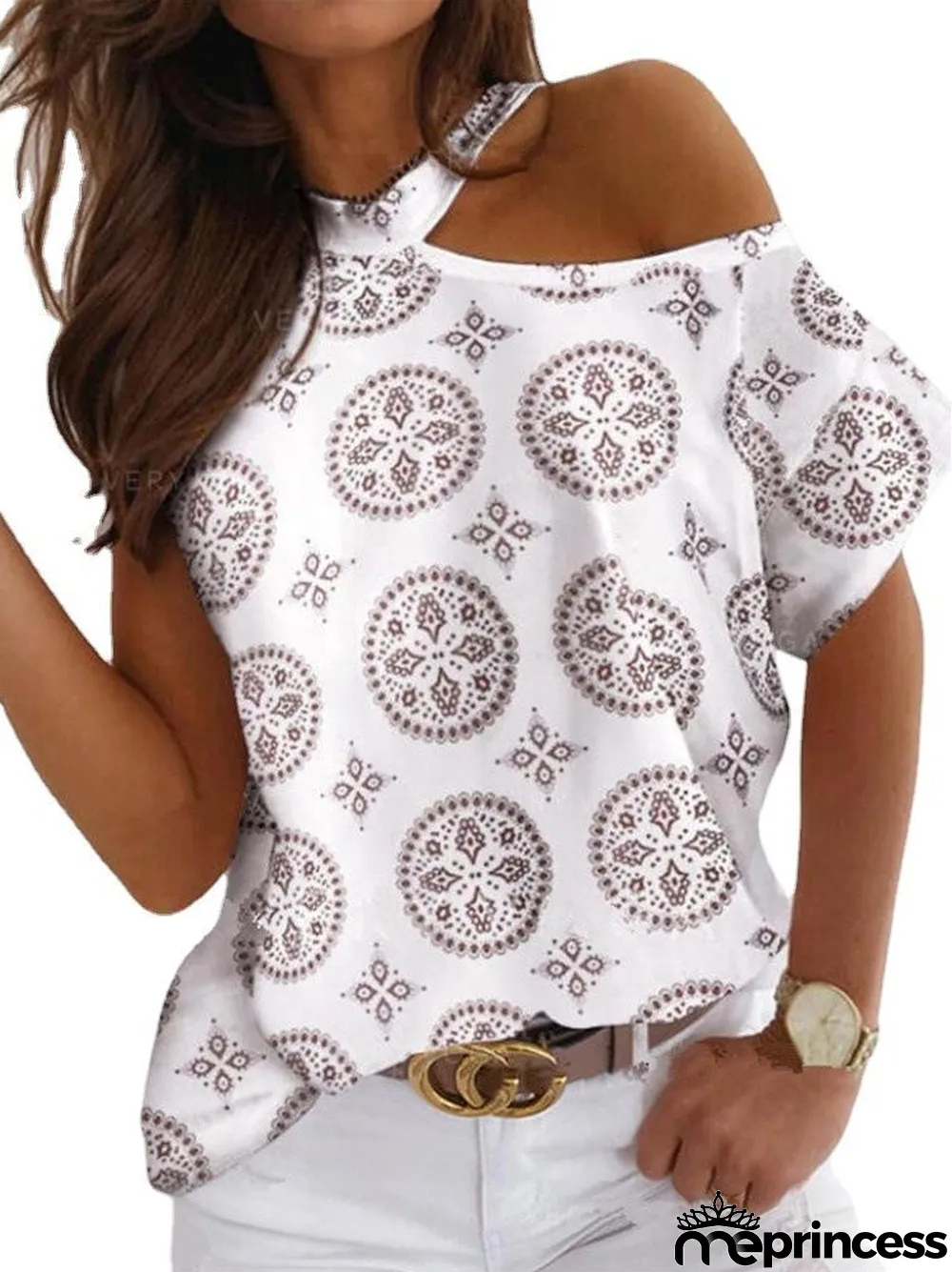 Women's Loose-fitting Short Sleever Halter Neck Casual Printing Tops