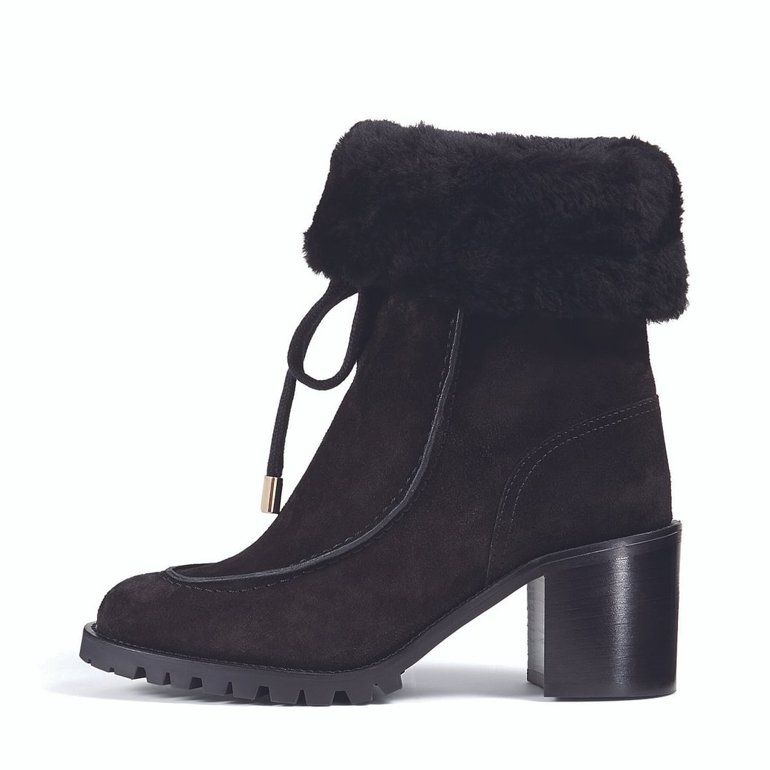 Black Tie Styling Faux Fur Round Toe Block Heeled Ankle Boots