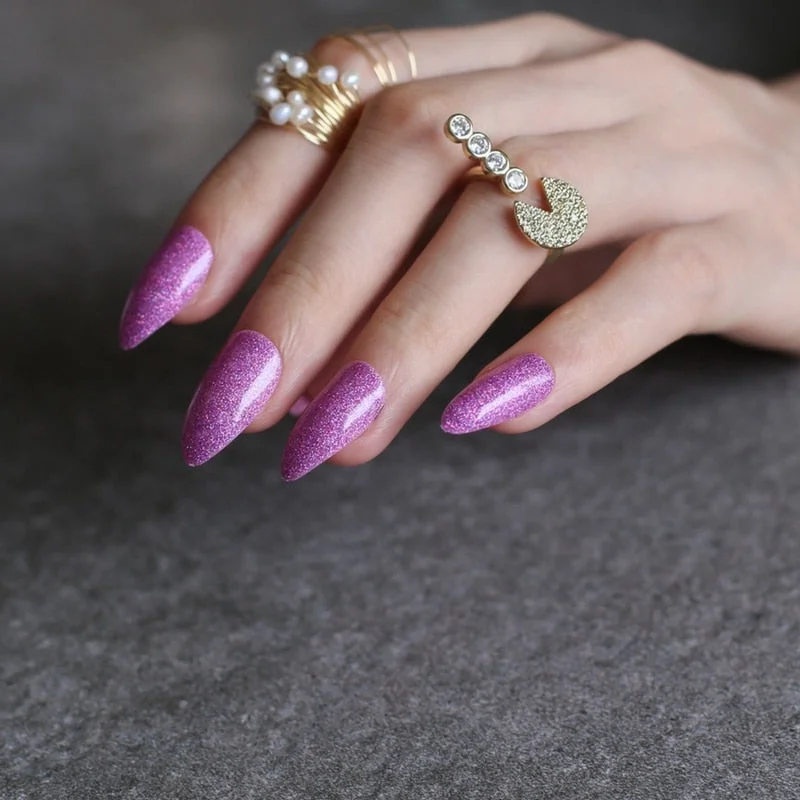 gel polish UV coffee Almond Holographic glitter art nails tabs Stiletto False nail Brown red fake Nails Gold silver 24pcs-Nail Inspo