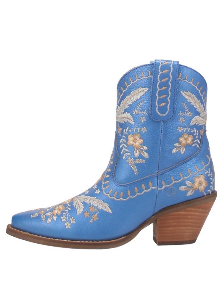 Blue Shiny Embroidered Floral Snip Toe Slanted Heel Cowgirl Booties