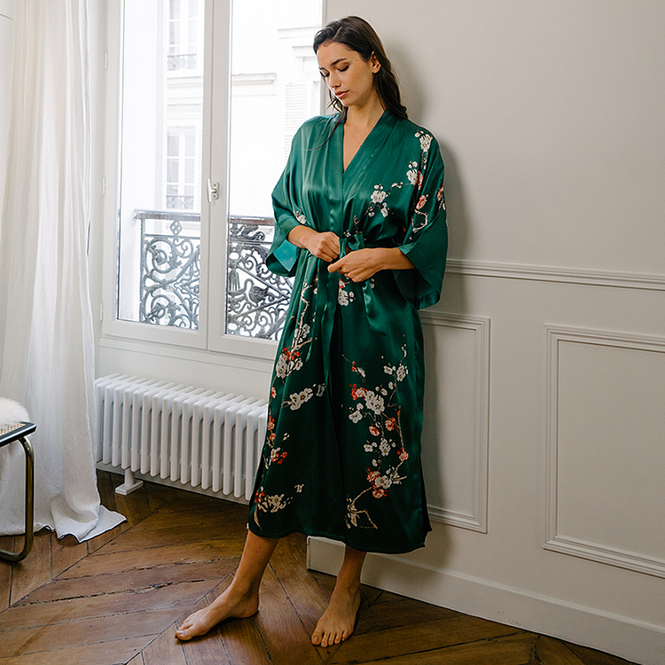 22 Momme Green Floral Women's Silk Kimono Robe-Chouchouhome