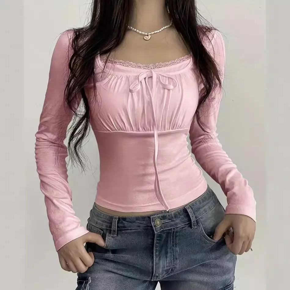 Wongn Lace Pleated Chest-Shaped Slim Long-Sleeved T-Shirt 2023 New Style