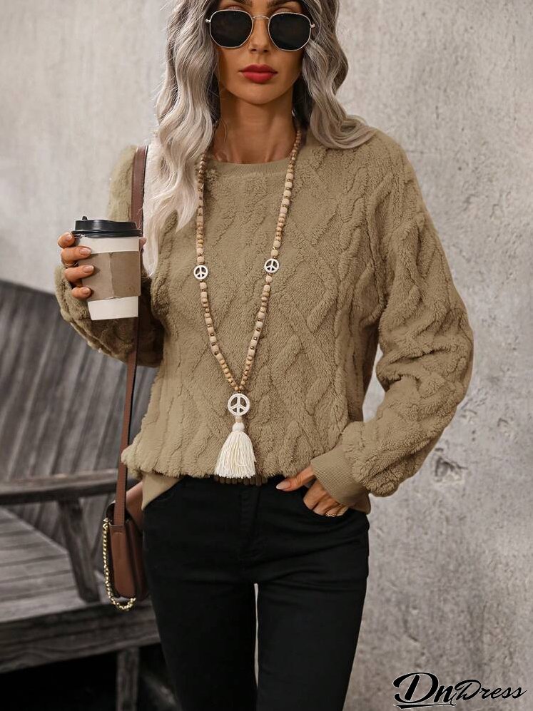 Women Solid Color Round Neck Long Sleeve Casual Fleece Sweatshirt