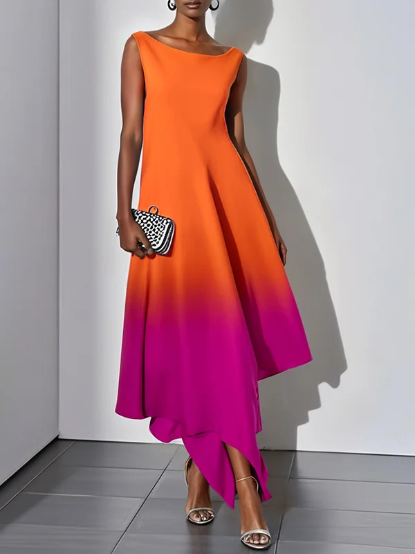 Gradient Split-Joint Loose Sleeveless Boat Neck Maxi Dresses Evening Dresses