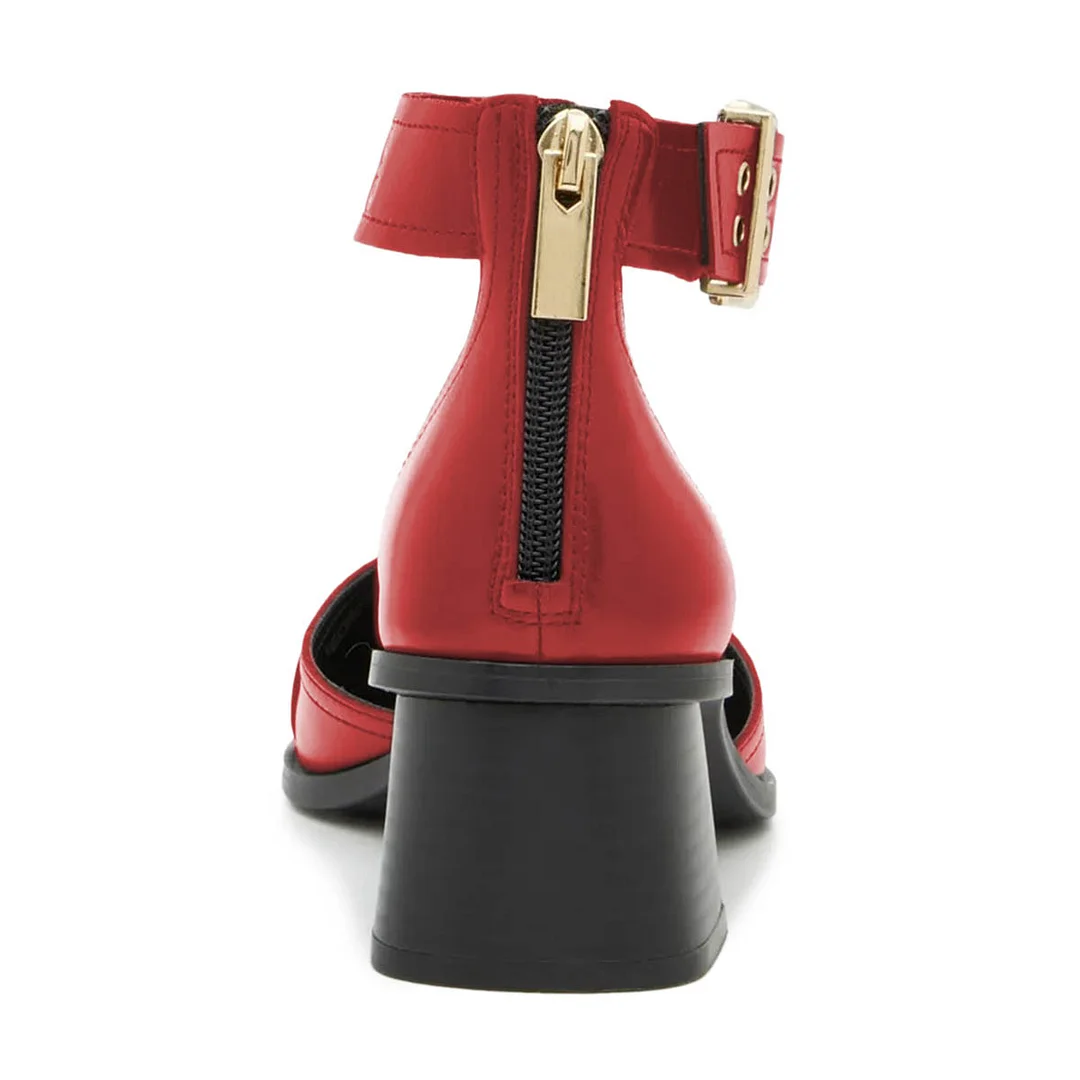 Red Pointed Toe Grommet Strap Block Heel Buckle Pumps for Women