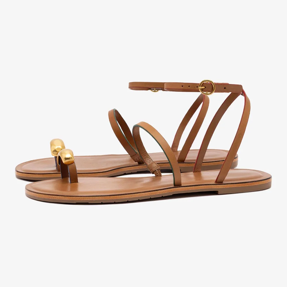 Tan Round Toe Ring Ankle Strap Buckle Flat Sandals for Women