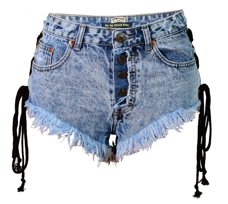 Women's Summer High Waisted Buttons, Worn Out Double-sided Straps, Denim Shorts