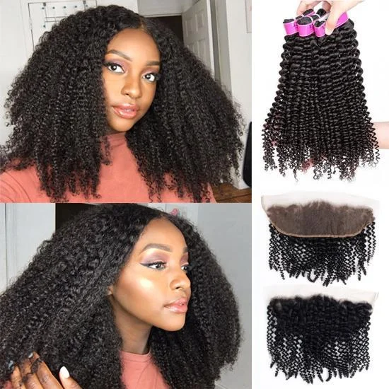 FREE SHIPPING Yvonne Premium Kinky Curly 3Bundles With 13x4 Lace Frontal Virgin Human Hair