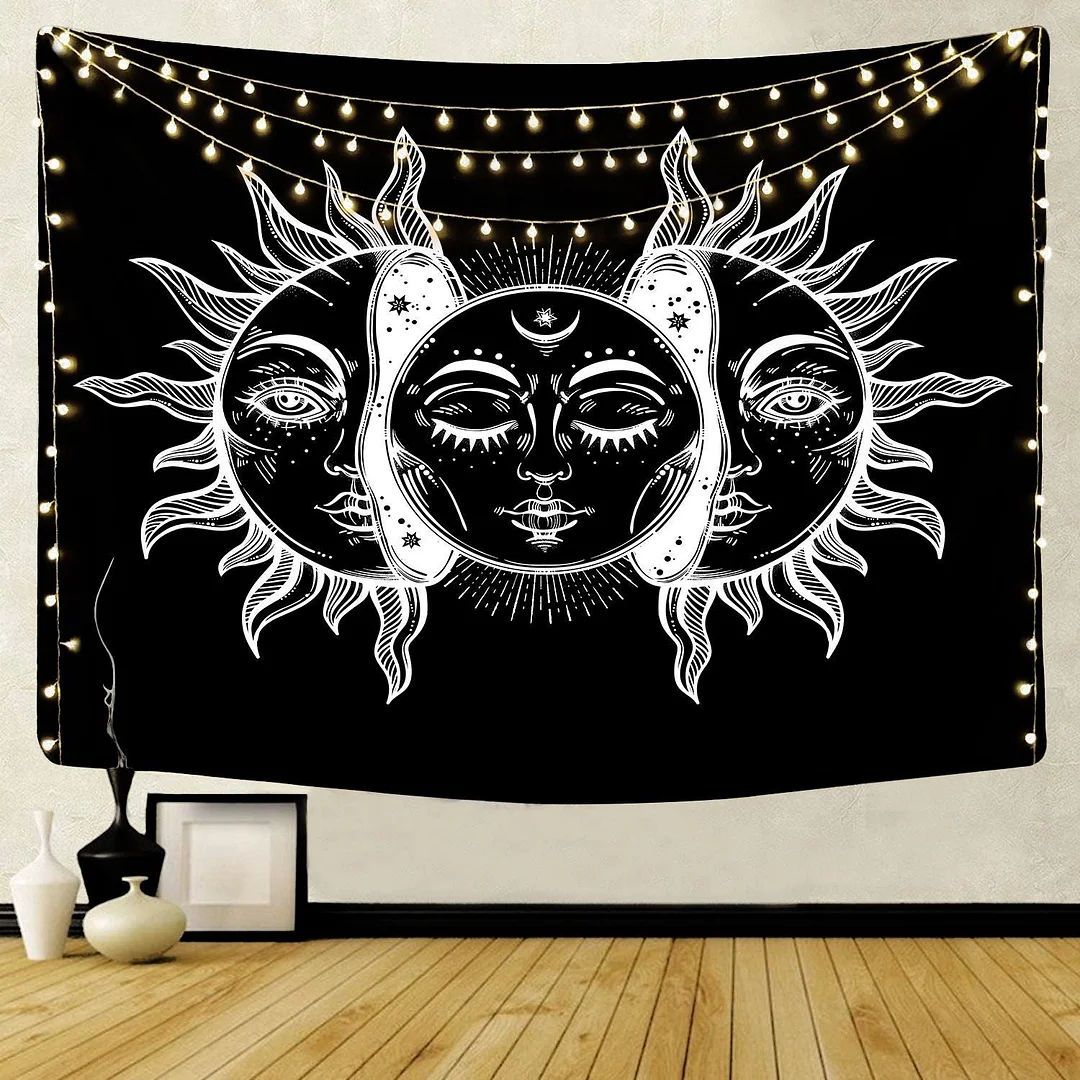 White Black Sun and Moon Tapestry Wall Hanging Witchcraft Psychedelic Tapestries Boho Hippie Wall Rugs Dorm Decor Beach Blanket