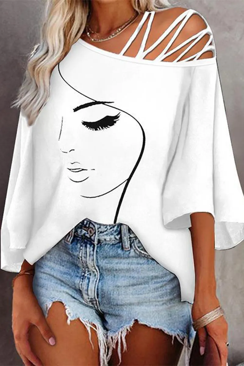 Figure Print Hollow Out Asymmetrical Neck Blouse