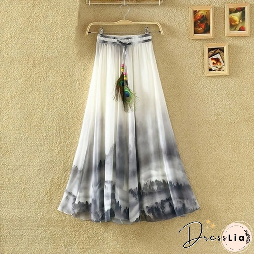 Summer Bohemian Long Skirt Chiffon Elegant Print Casual Skirts