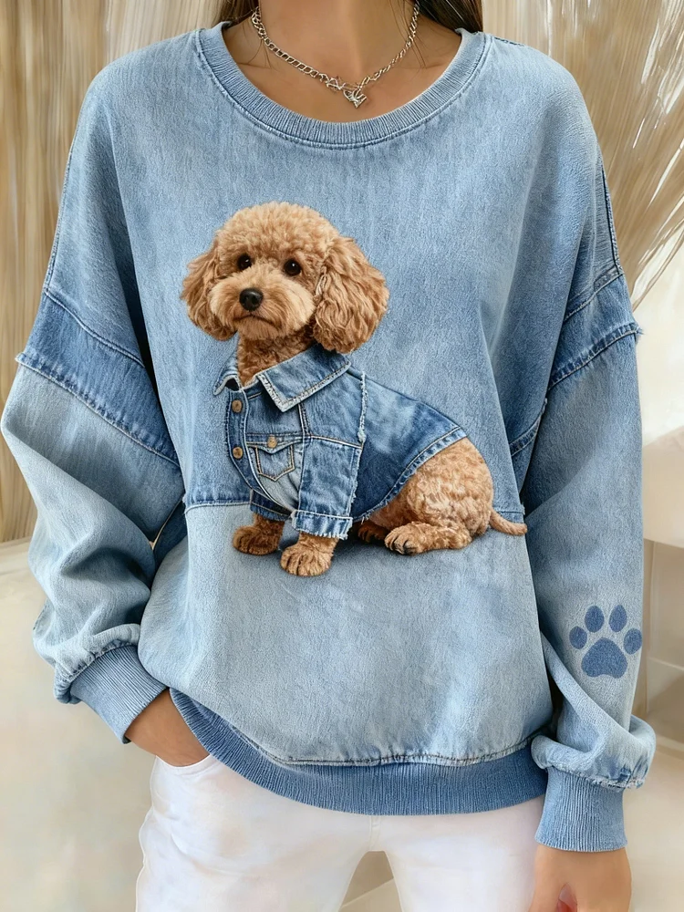 Retro Cute Dog Denim Patchwork Fabric Printed Casual Loose Long Sleeve Sweatshirt