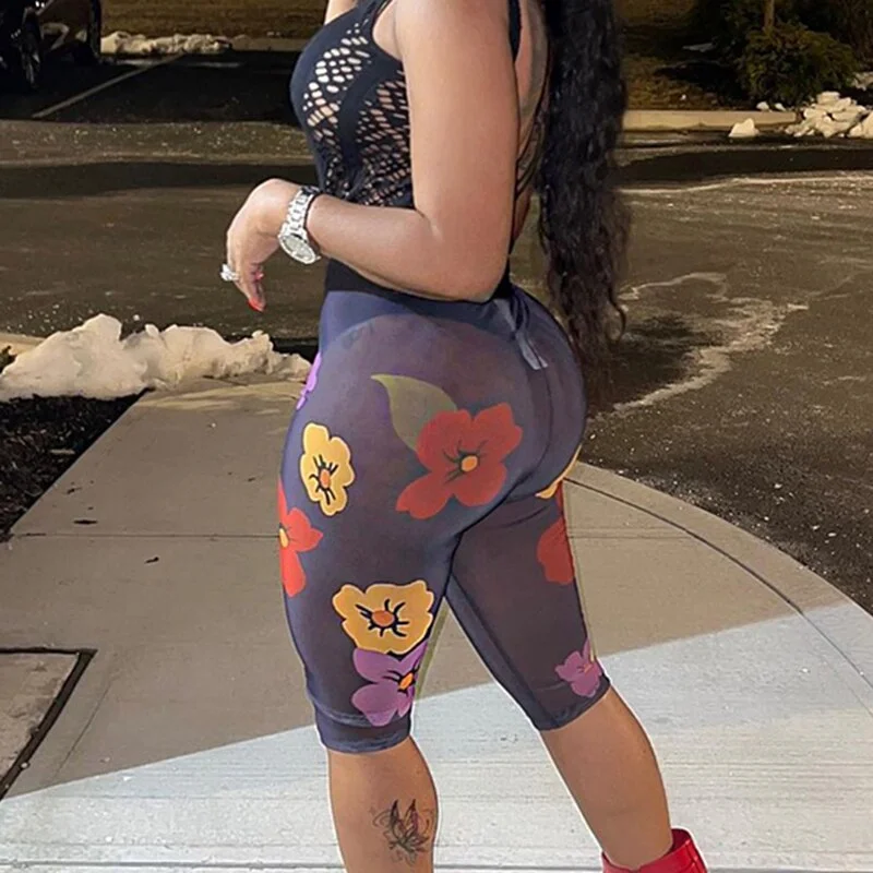 BIIKPIIK Flowers Print Skinny High Waist Shorts Women Fashion Streetwear Casual Knee-length Bottoms See-through Mesh Sexy Shorts